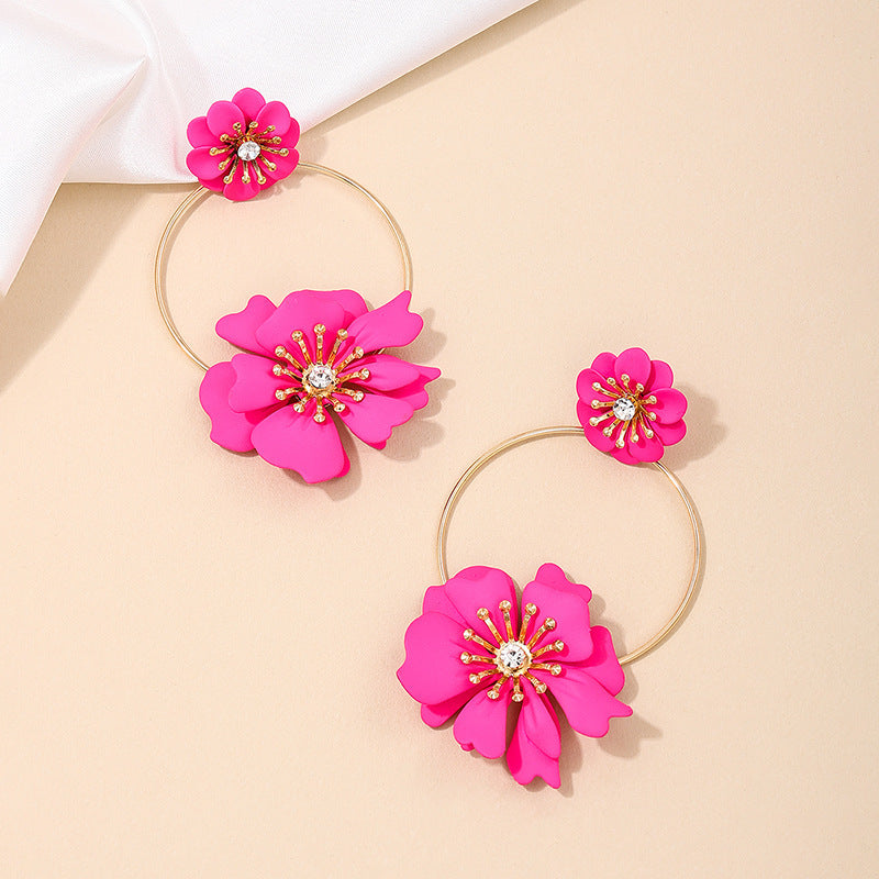 Boucles d'oreilles à fleurs, anneau de voyage de vacances, personnalité douce, tendance, pour dame