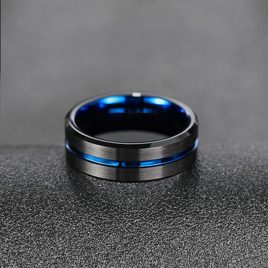 Anillo de tungsteno de superficie ancha con bisel y ranura de hombre de color azul