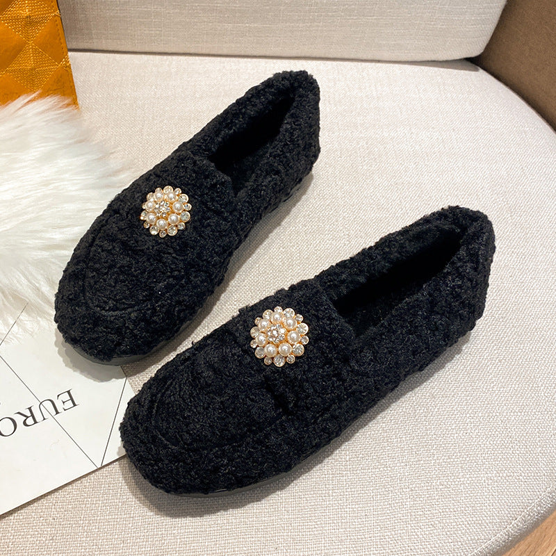 Zapatos al aire libre para mujer, otoño e invierno, lana de cordero, parte inferior plana, sin cordones, parte inferior gruesa, talla grande