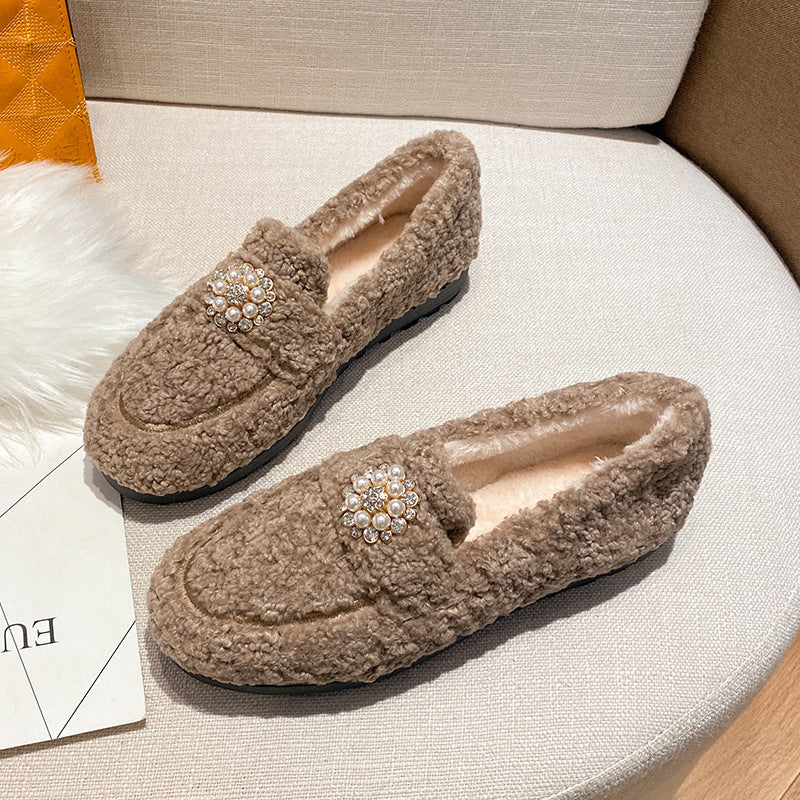 Zapatos al aire libre para mujer, otoño e invierno, lana de cordero, parte inferior plana, sin cordones, parte inferior gruesa, talla grande