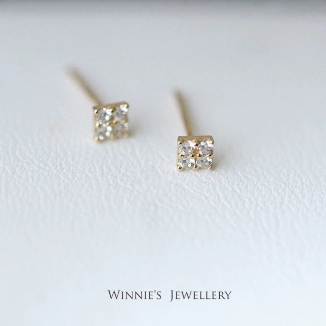 Mini boucles d'oreilles carrées simples en argent sterling plaqué or incrusté de carbink, jumelles assorties avec tout