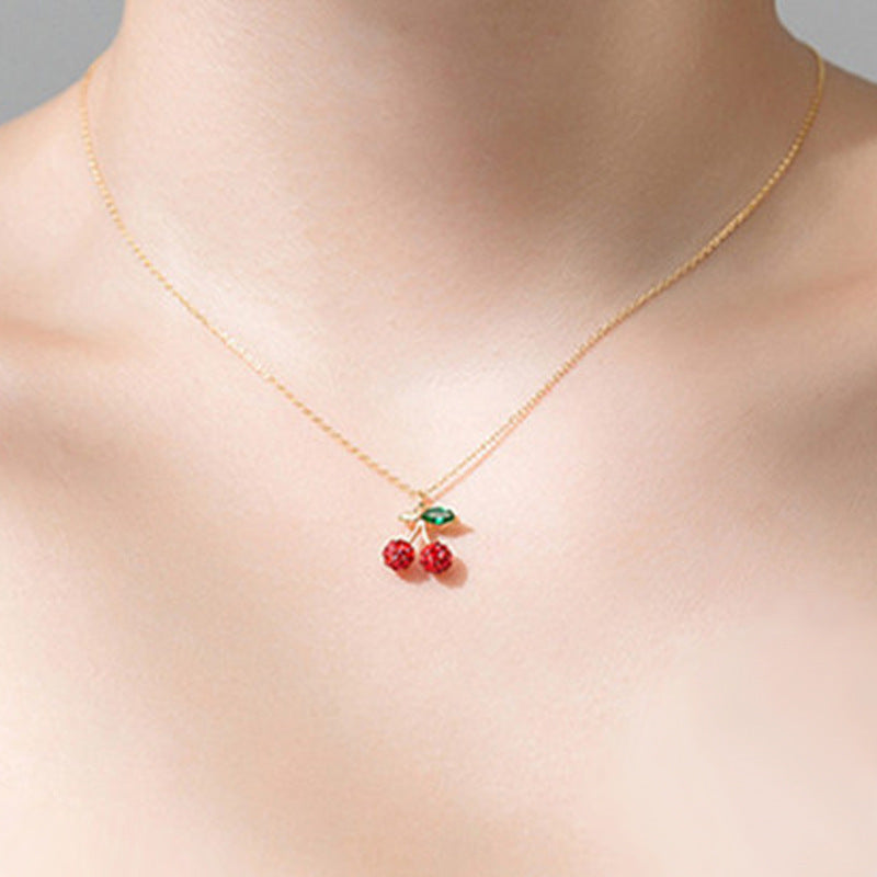 Collar de cereza con incrustaciones de circón, cadena de clavícula de cereza roja salvaje con temperamento