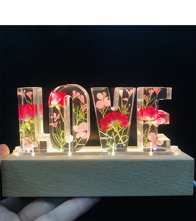 Lámpara de mesa con letras de amor, luz nocturna creativa con flores secas