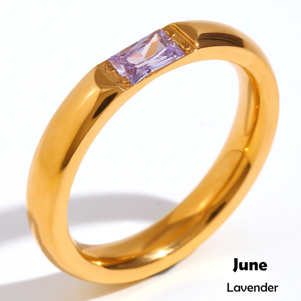 Stainless Steel Plated 18K Gold Rectangular Zircon Birthstones Ring