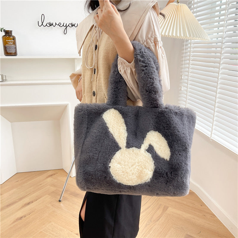 Sac en peluche oreilles de lapin de dessin animé mignon, sac à bandoulière d'automne et d'hiver, sacs à main de Shopping grande capacité, fourre-tout personnalisé pour femmes