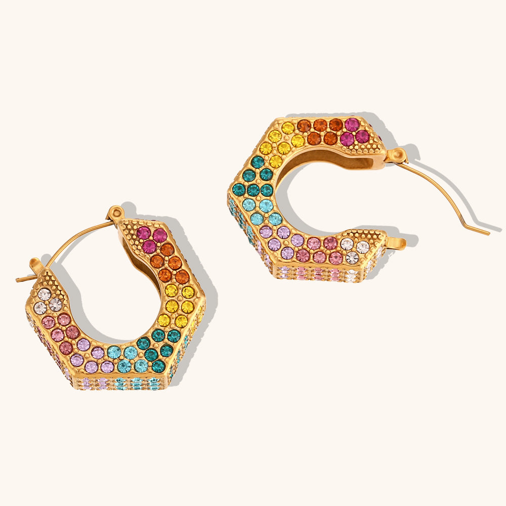 Personalized Retro Earrings Jewelry Stainless Steel Gold-plated Hexagonal Diamond Box Ear Ring