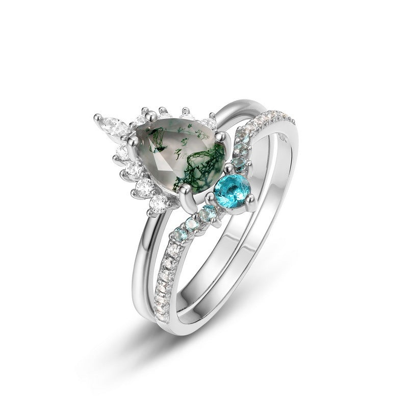 Bague femme en argent S925 incrustée de pierre de mousse verte
