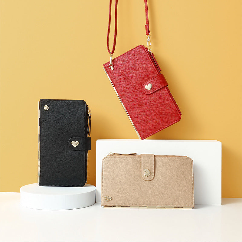 Bolsos para teléfono móvil con pantalla táctil transparente, cartera larga con hebilla de amor, bolso de hombro tipo bandolera multifuncional para mujer