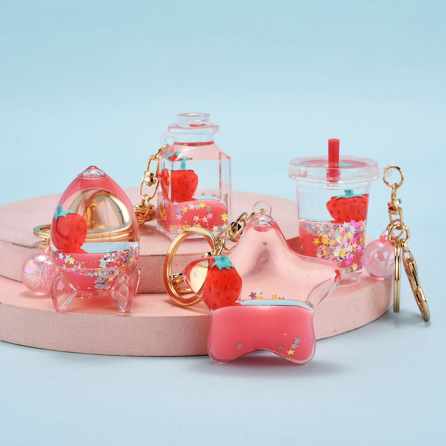 Quicksand Oil Five-pointed Star Strawberry Key Chain Floating Acrylic