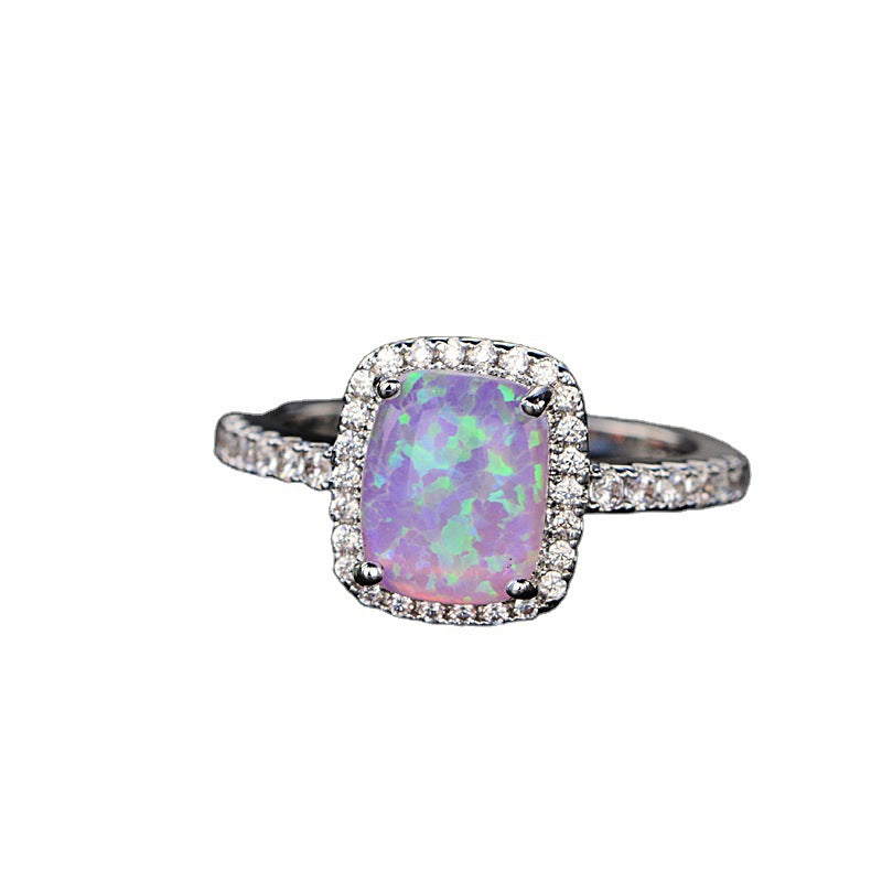 Anillo de ópalo de diamante rosa multicolor europeo y americano circonita con incrustaciones de moda Simple