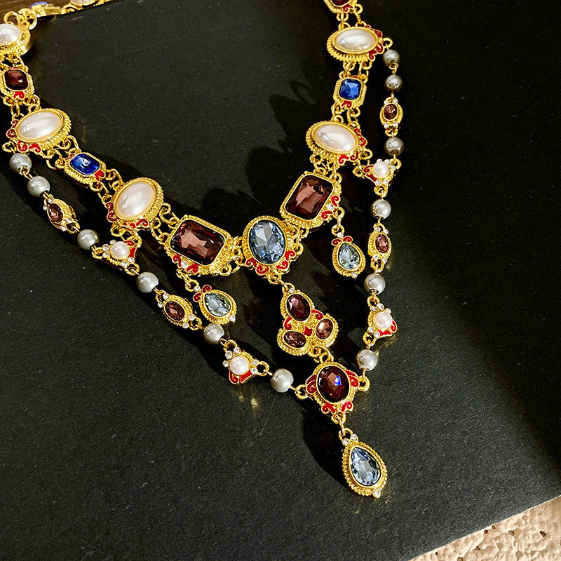 Mid-ancient Temperament Pearl Crystal Shining Diamond Tassel Clavicle Chain Color Gem Neckband Necklace