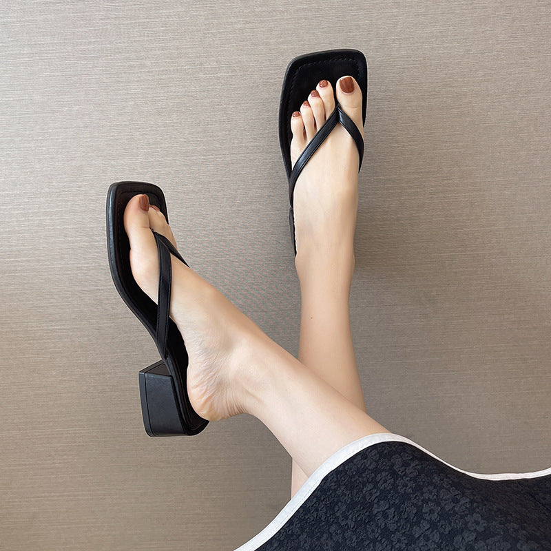 Tongs de plage antidérapantes à talons épais et bout carré, vêtements d'extérieur mode pour femmes
