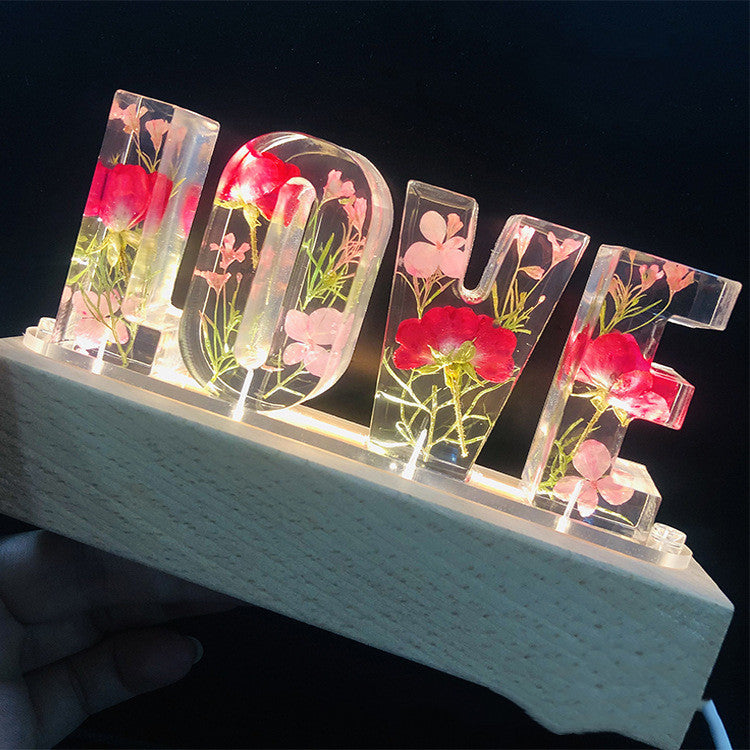 Lámpara de mesa con letras de amor, luz nocturna creativa con flores secas