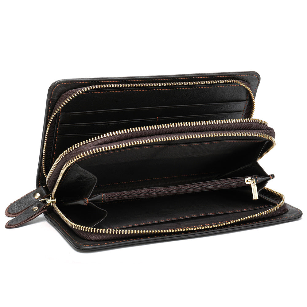 Portefeuille à fermeture éclair double couche avec pochette en cuir de vache première couche