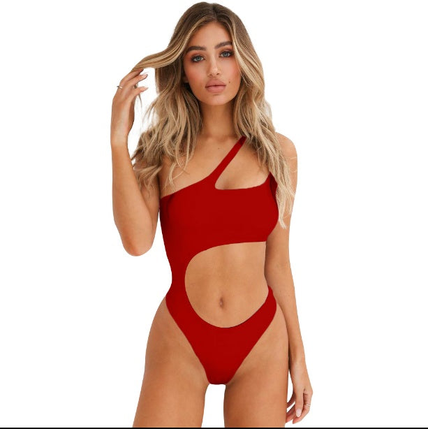 New hollow irregular waist single shoulder solid color wrapped chest bikini one-piece swimsuit female
