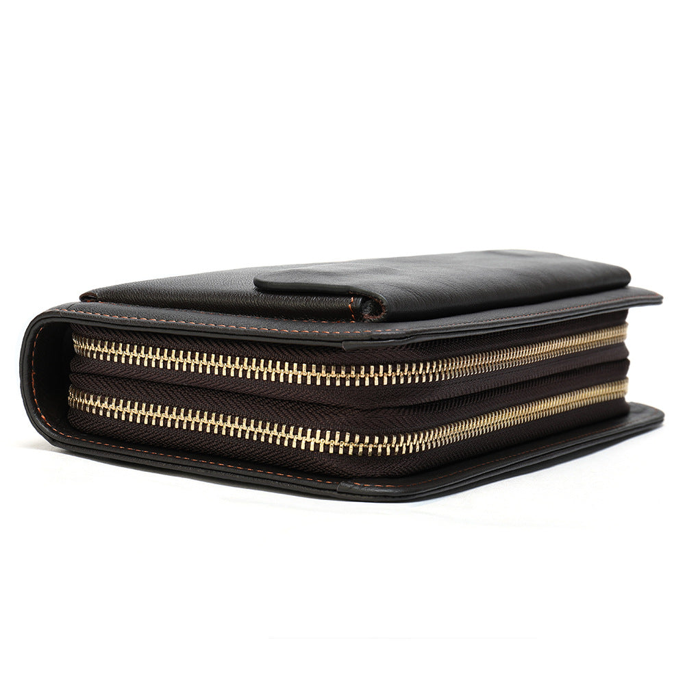 Portefeuille à fermeture éclair double couche avec pochette en cuir de vache première couche