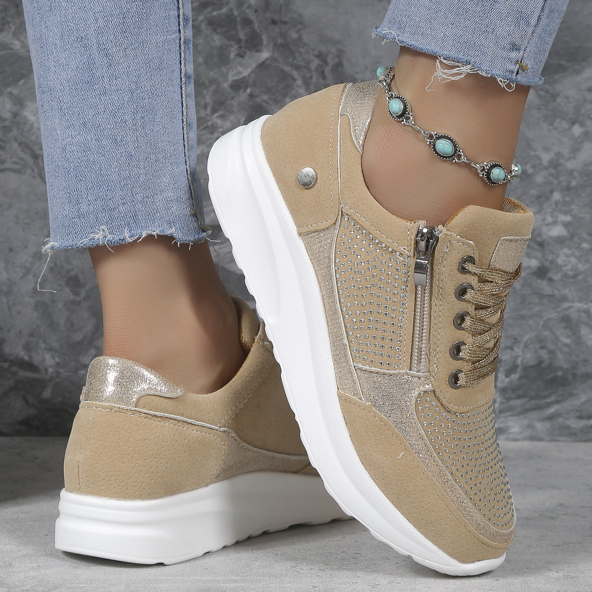 Flat Round Toe Rhinestone Pumps Women's Sports Casual Shoes