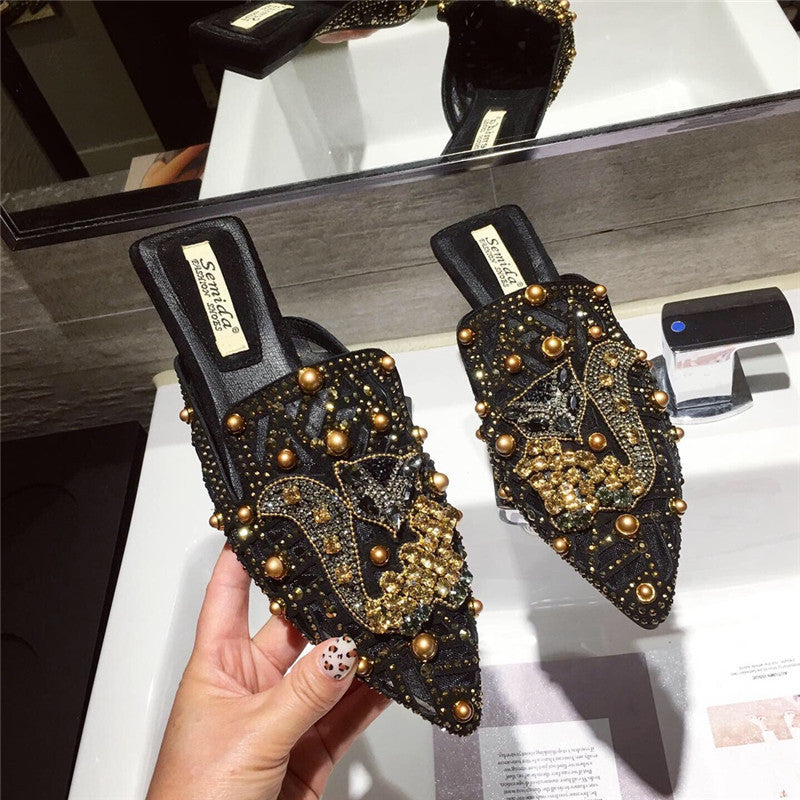 Demi-pantoufles à bout fermé de grande taille pour femmes, fond plat