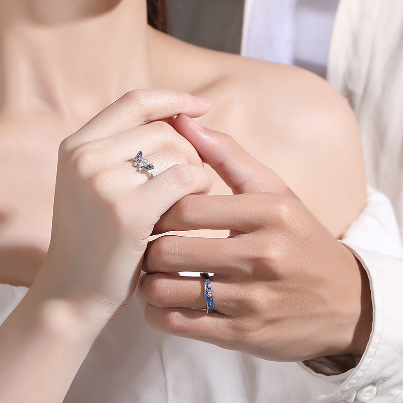 Starry Butterfly Lovers Couple Ring, Pure Silver, Small And Popular