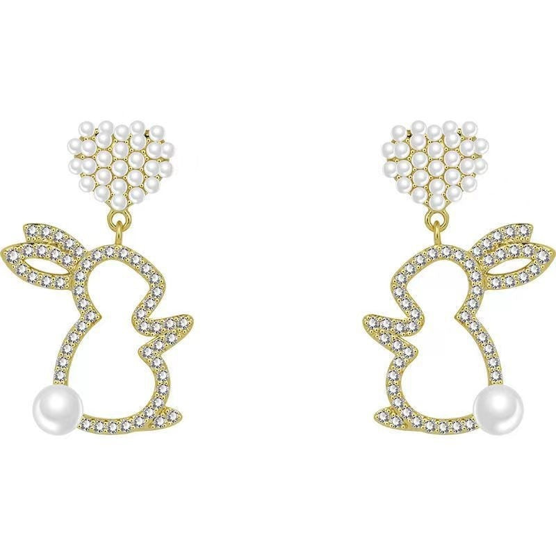 Pearl Bunny Earrings For Women Silver Pin Earrings