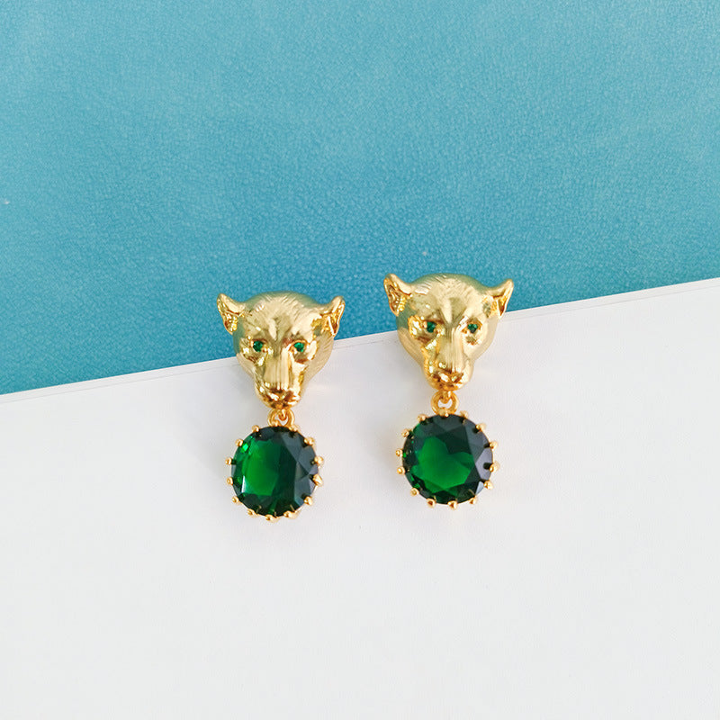 Boucles d'oreilles tête de léopard en zircon vert