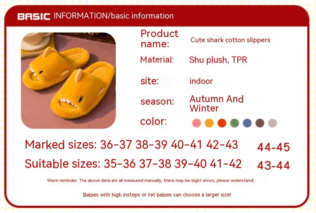 Zapatillas de algodón con tiburón para hombre y mujer, antideslizantes, cálidas, para otoño e invierno