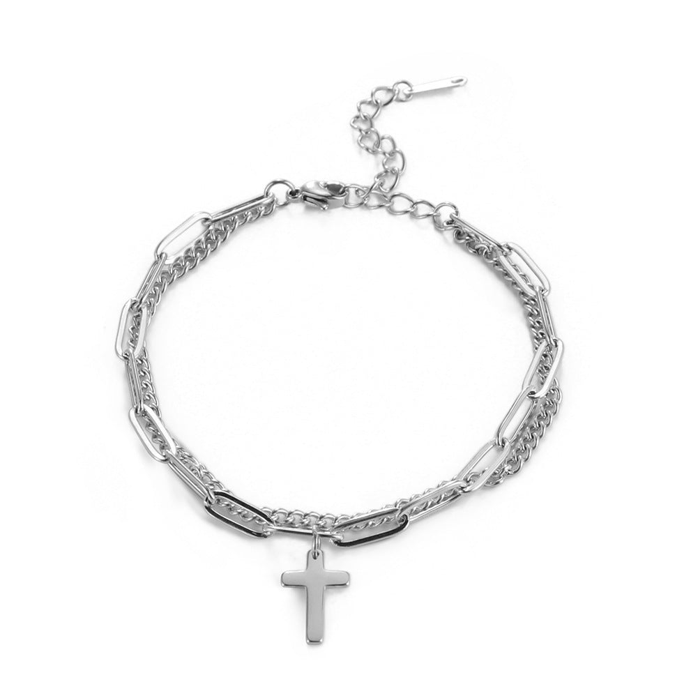 Trendy Fashion Titanium Steel Double Layer Twin Welding Chain Cross Chain Bracelet