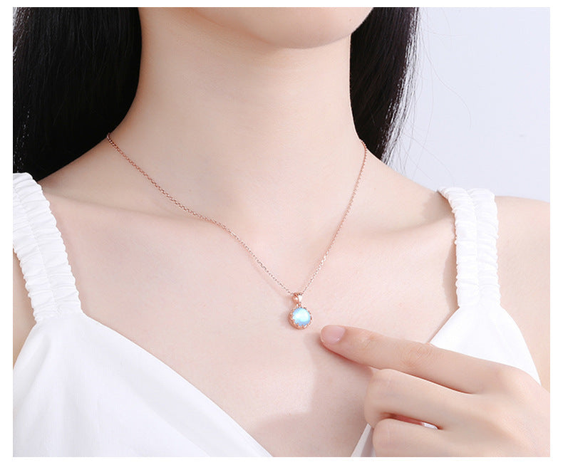 Crown Moonstone Necklace Female S925 Sterling Silver Clavicle Chain Niche Design Light Luxury Pendant