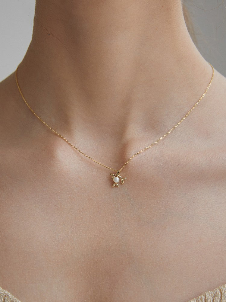 S925 Sterling Silver 14K Gold-plated Peach Blossom Synthetic Pearl Necklace