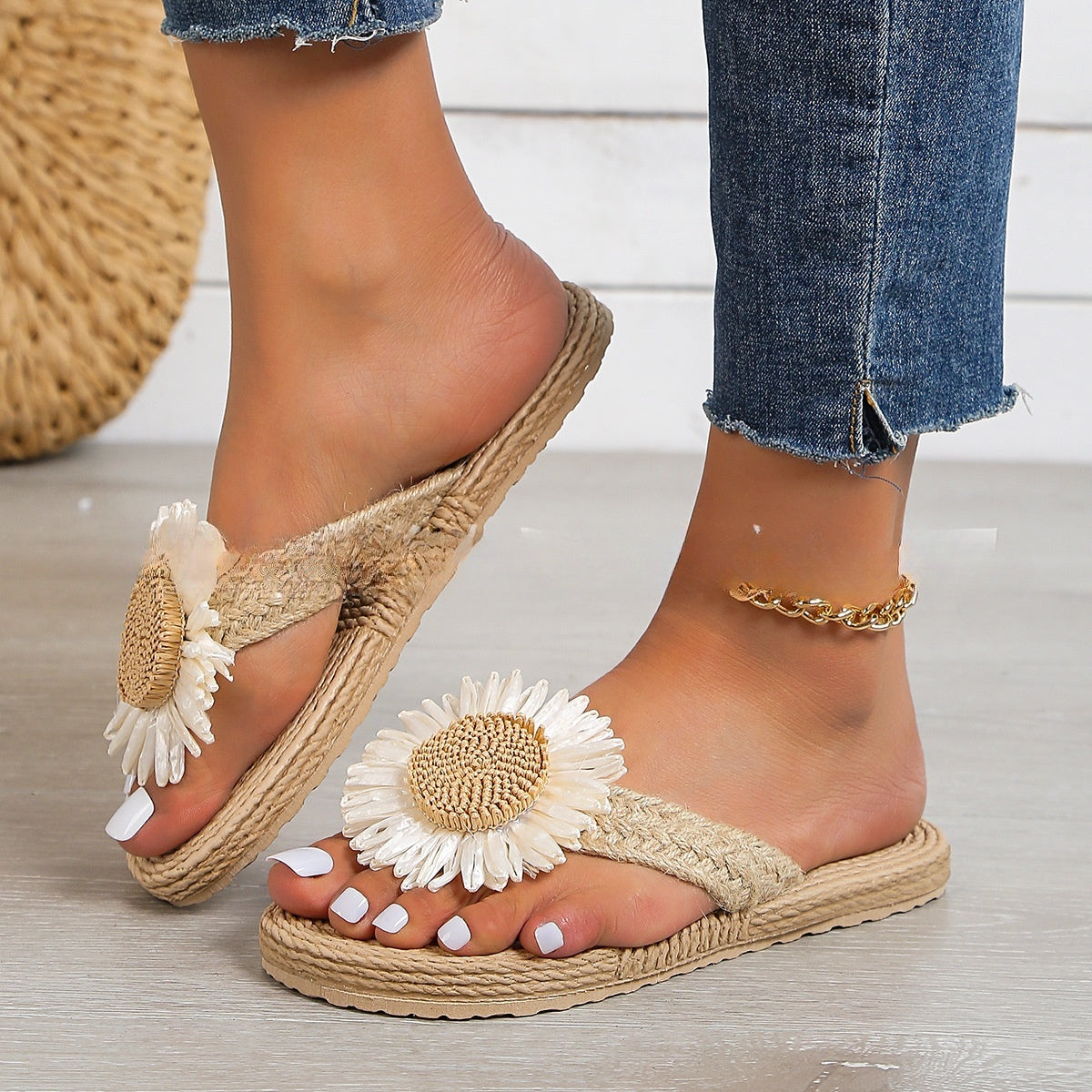 Été nouvelle mode femmes lin mode Simple fleur plat sandales décontractées