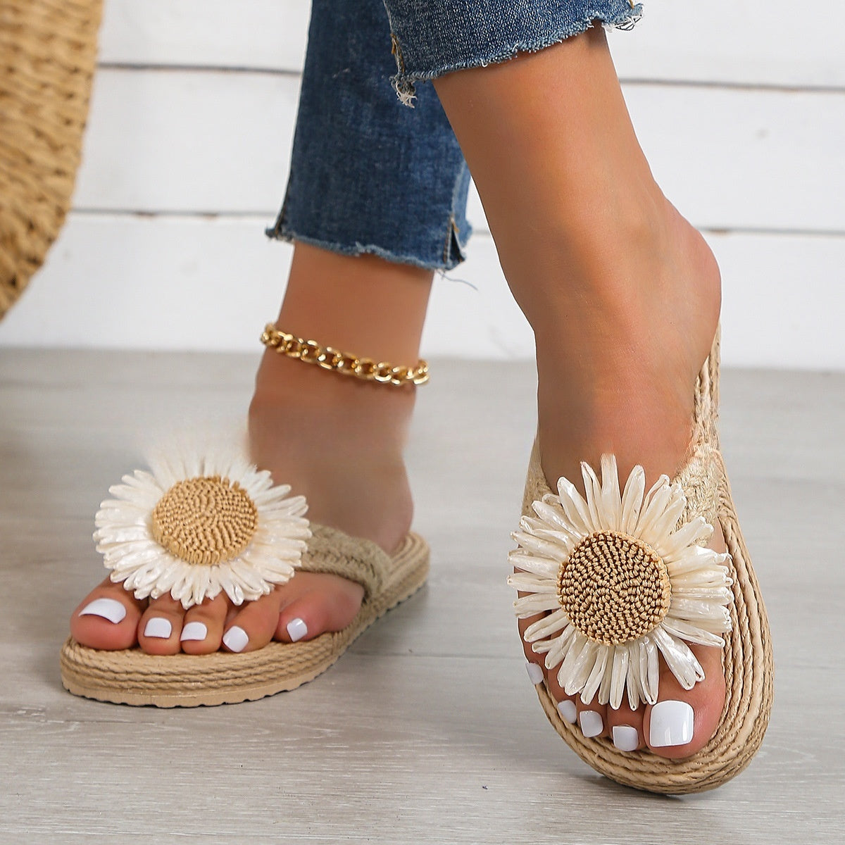 Été nouvelle mode femmes lin mode Simple fleur plat sandales décontractées