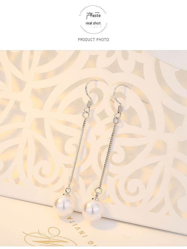 Pearl Shell Pearl Stud Earrings Silver Plated Tassel Jewelry Long Earrings