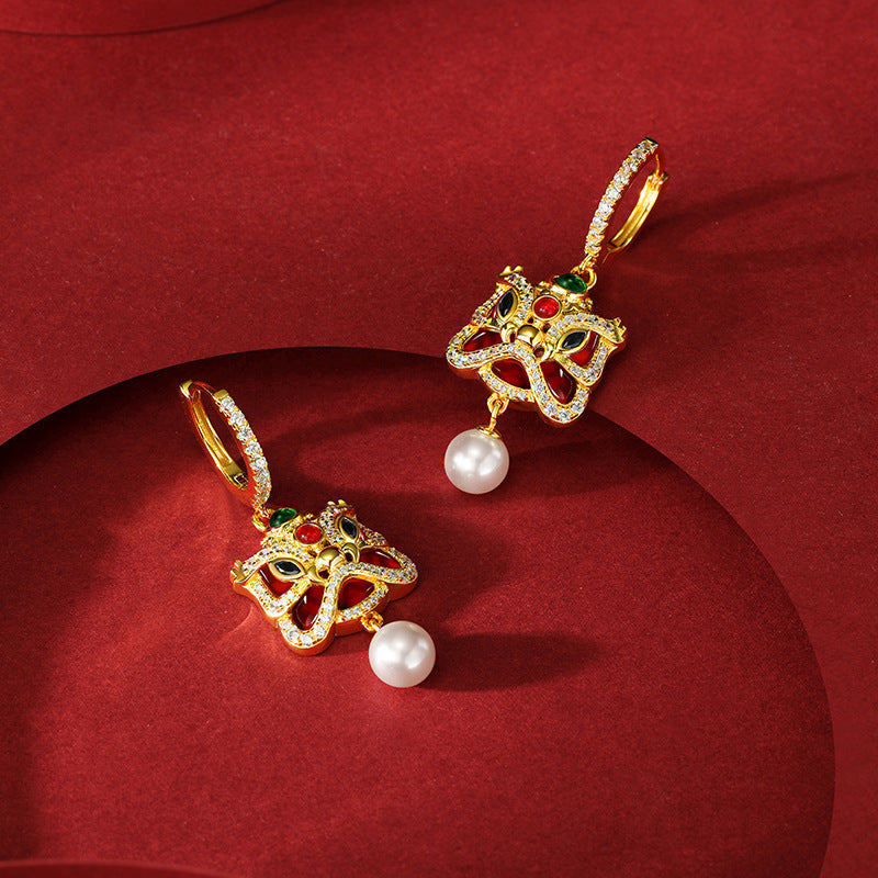 S925 Sterling Silver Chinese Zodiac Animal Year Red Agate Xingshi Earrings