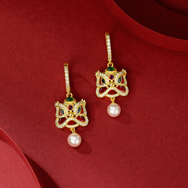 S925 Sterling Silver Chinese Zodiac Animal Year Red Agate Xingshi Earrings