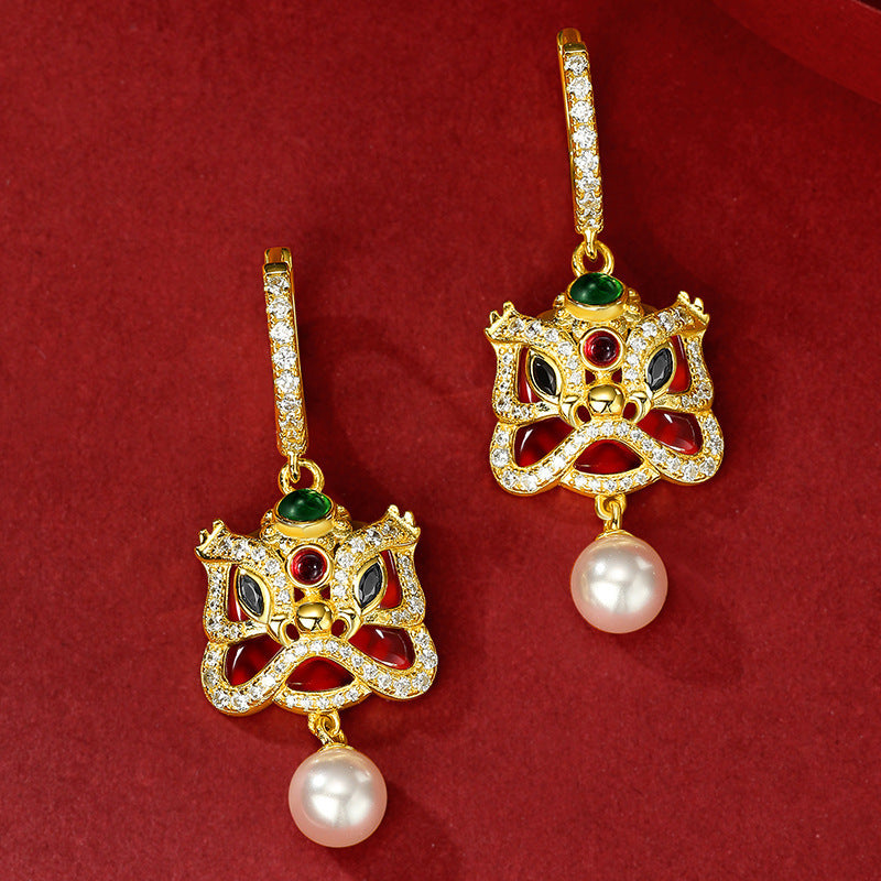 S925 Sterling Silver Chinese Zodiac Animal Year Red Agate Xingshi Earrings