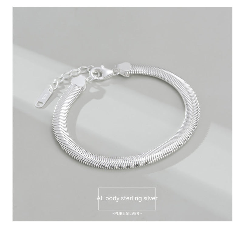 S925 Sterling Silver Korean Style Heavy-duty Texture Flat Snake Wide Chain