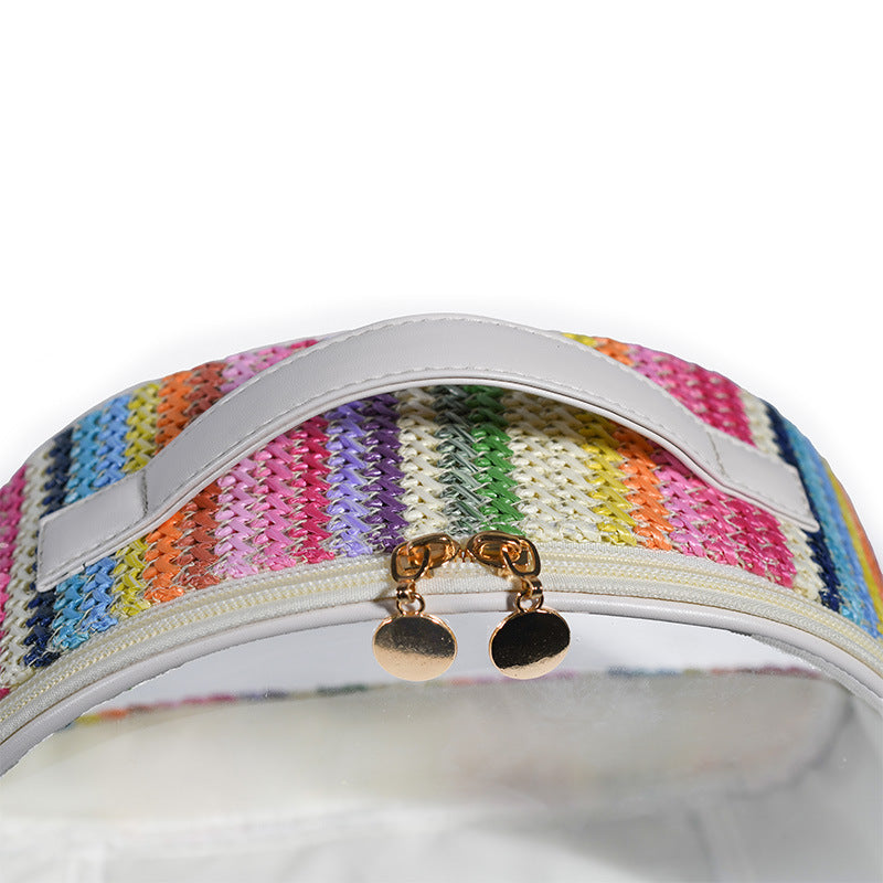 Sac à cosmétiques en PVC Transparent tissé en paille, sac à cosmétiques en demi-cercle, sac de rangement de produits de toilette tissé arc-en-ciel imperméable