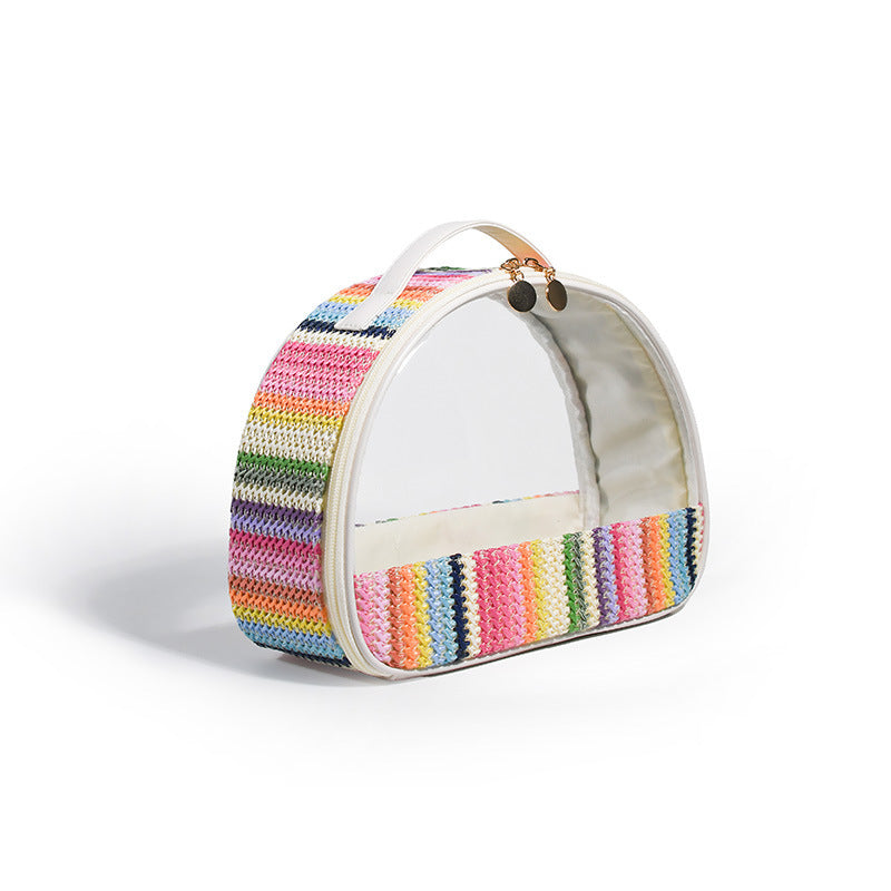 Sac à cosmétiques en PVC Transparent tissé en paille, sac à cosmétiques en demi-cercle, sac de rangement de produits de toilette tissé arc-en-ciel imperméable