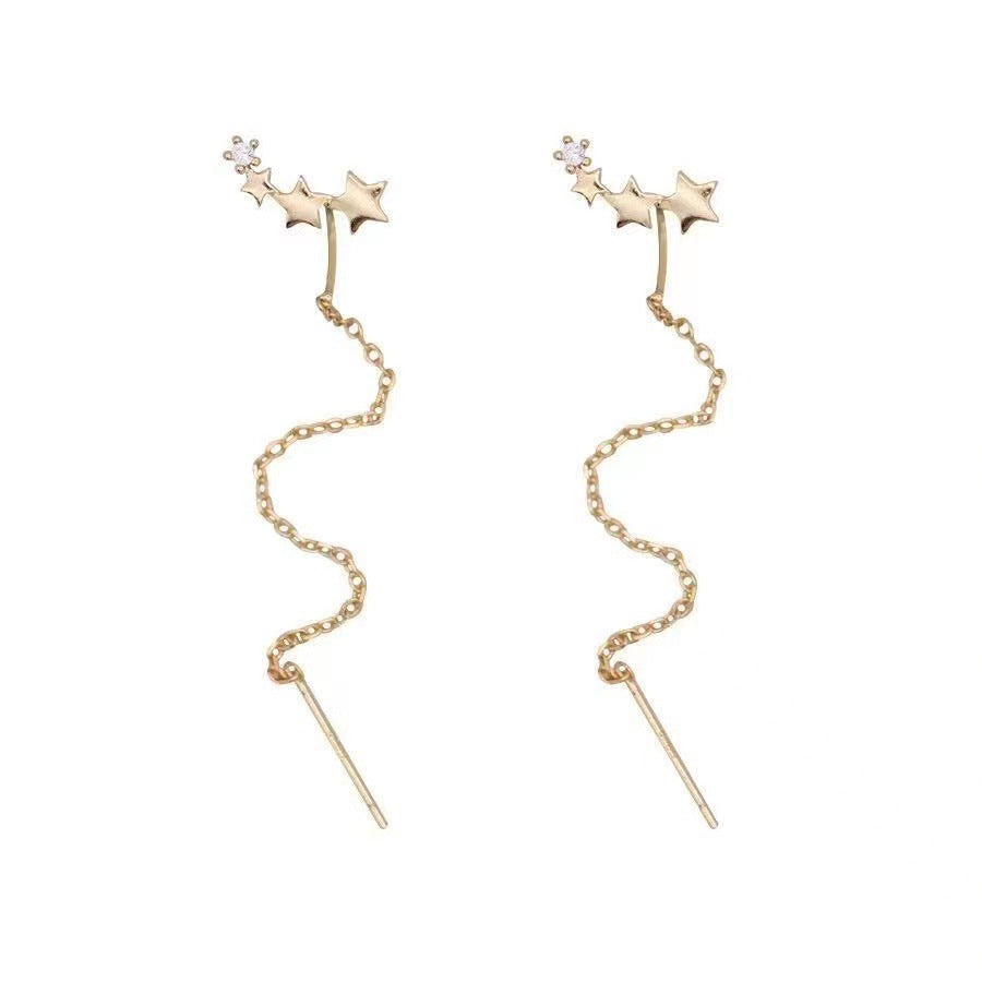 Pendientes largos con borlas de acero y titanio, aretes con líneas de oreja de pentagrama de un solo diamante Simple de oro, estrella pequeña de moda exquisita