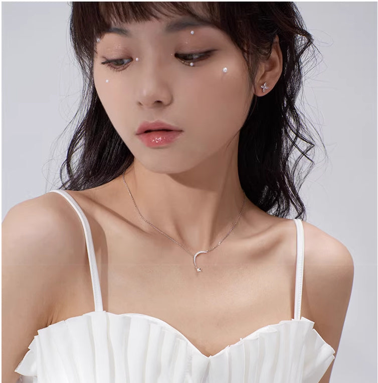 Collar de plata de ley con borla de luna, cadena de clavícula femenina