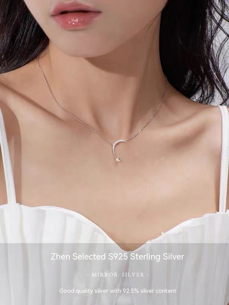 Collar de plata de ley con borla de luna, cadena de clavícula femenina