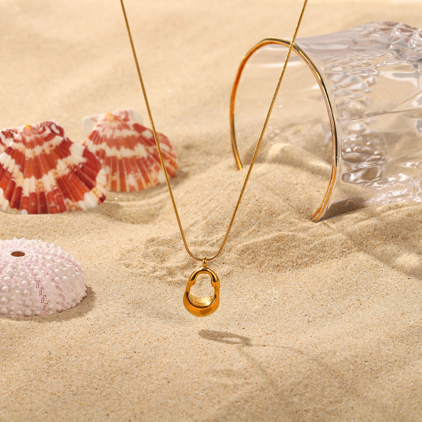 Collier en acier inoxydable, pendentif ovale creux doré, collier à cordes dorées