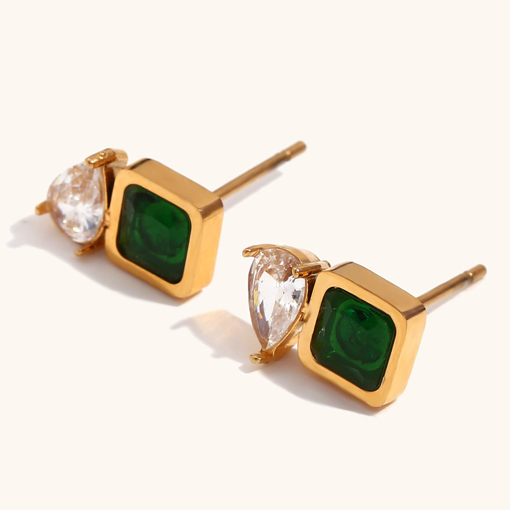 Square Green Zirconium Transparent Water Drop Stitching Earrings