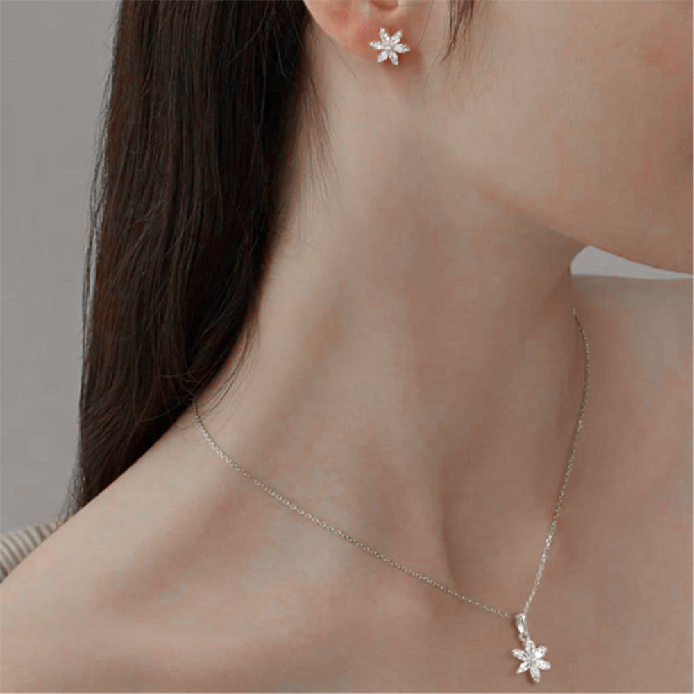 Sterling Silver Crystal Snowflake Ear Stud Necklace Suit