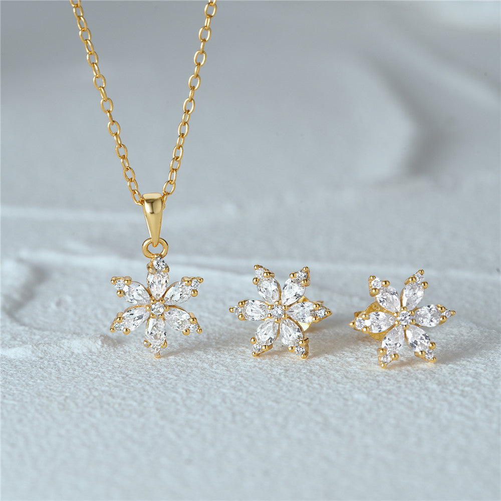 Sterling Silver Crystal Snowflake Ear Stud Necklace Suit