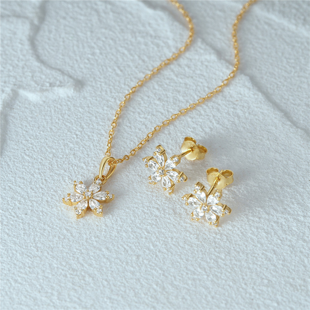 Sterling Silver Crystal Snowflake Ear Stud Necklace Suit