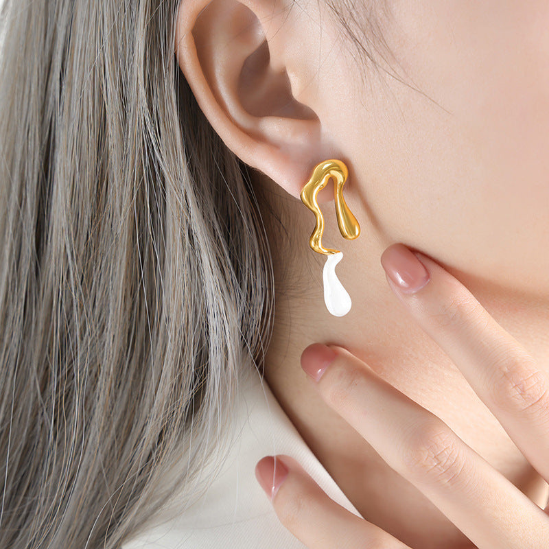 Boucles d'oreilles asymétriques en émail, gouttelettes d'eau en acier titane Antique européen et américain
