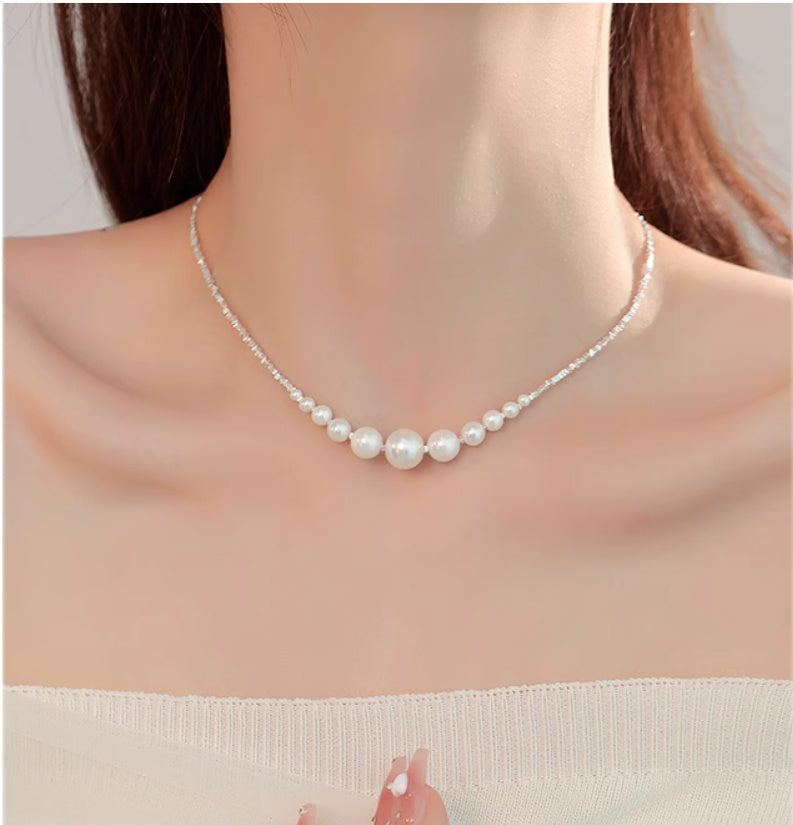 925 Sterling Silver Pearl Necklace Female Gradient Clavicle Chain