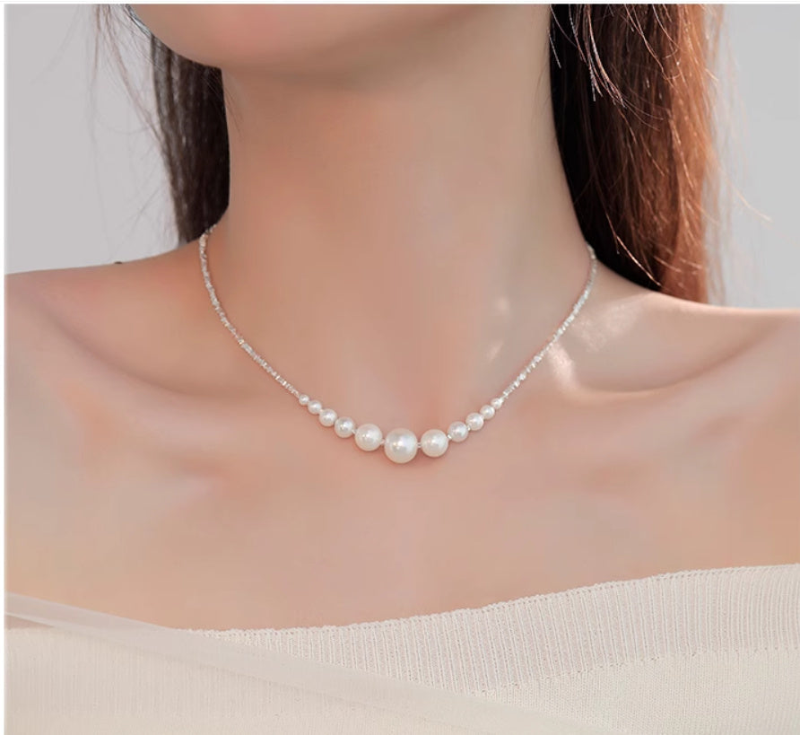 925 Sterling Silver Pearl Necklace Female Gradient Clavicle Chain