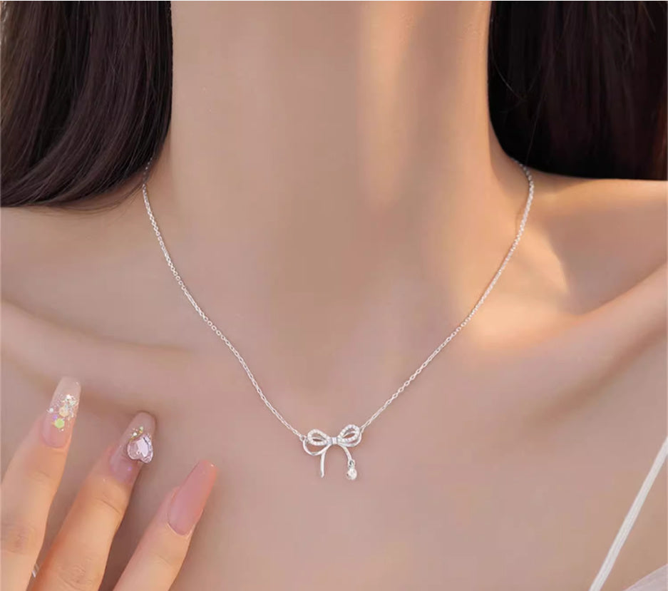 Women's Bow Necklace 999 Sterling Silver Clavicle Chain